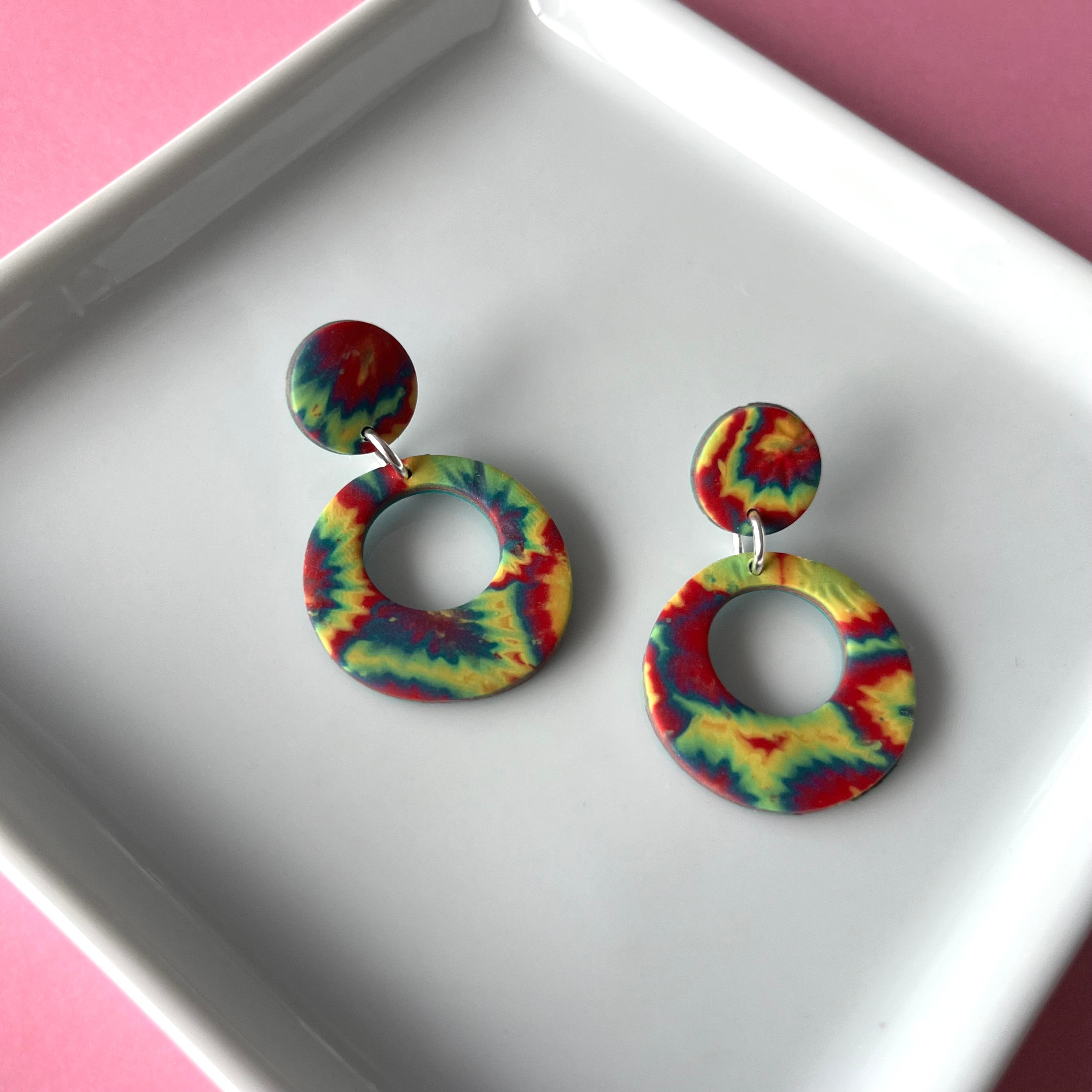 Tie-dye circle cutout dangles